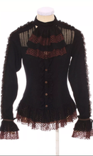 Cargar imagen en el visor de la galería, Blusa steampunk con encaje negro y café
