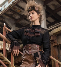 Cargar imagen en el visor de la galería, Blusa steampunk con encaje negro y café