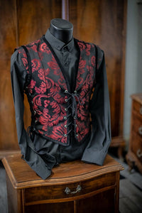 Chaleco victoriano estilo corset con brocado rojo
