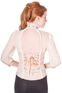 Blusa steampunk victoriana de encaje en color crema con efecto corsé