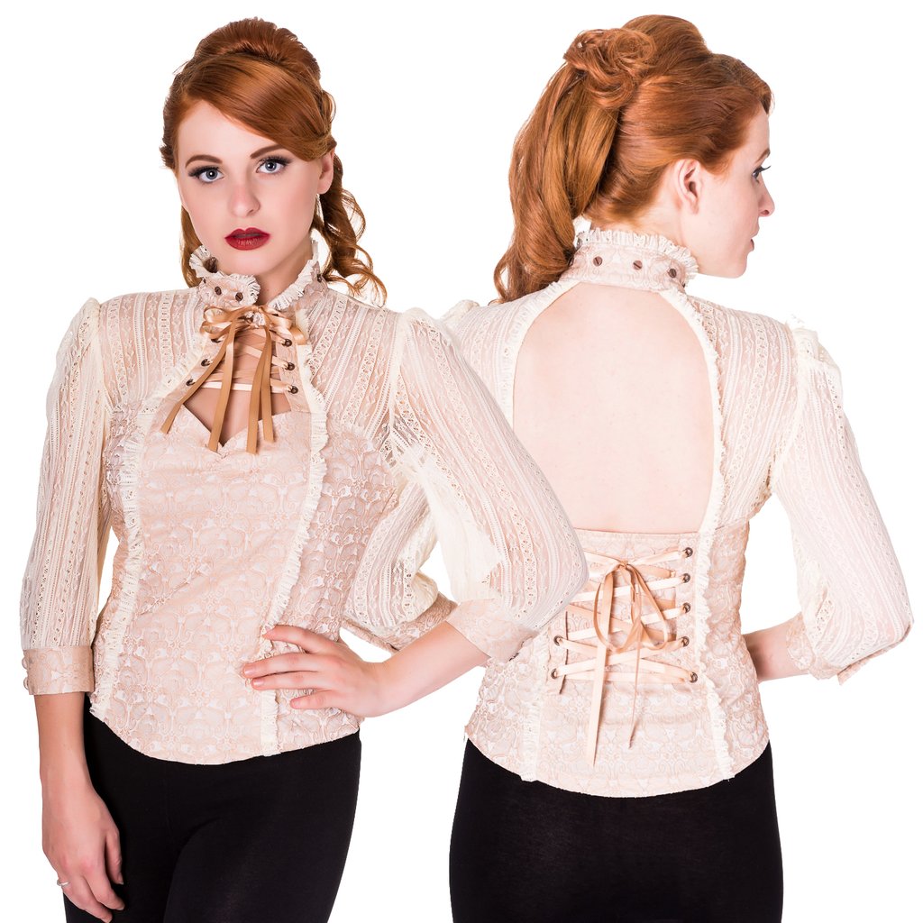 Blusa steampunk victoriana de encaje en color crema con efecto corsé