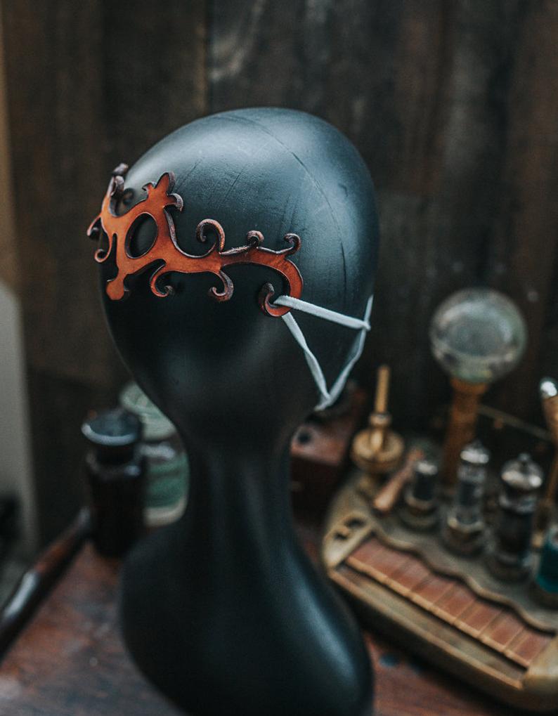 Arabesque Leather Ear Guard, Vintage Handmade Steampunk Face Mask Ear Protector